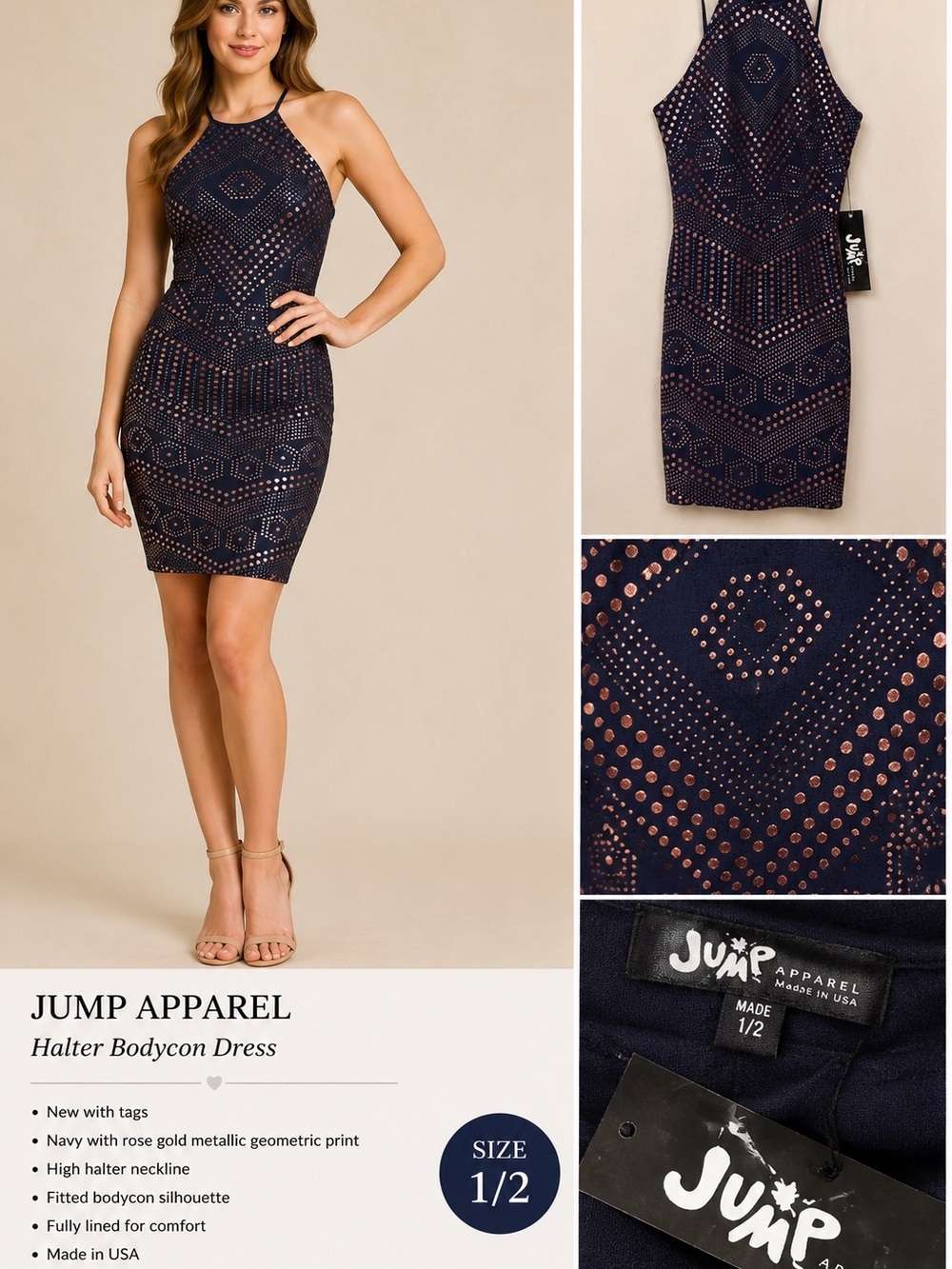 Jump Navy Halter Bodycon Mini Dress with Rose Gold Studs